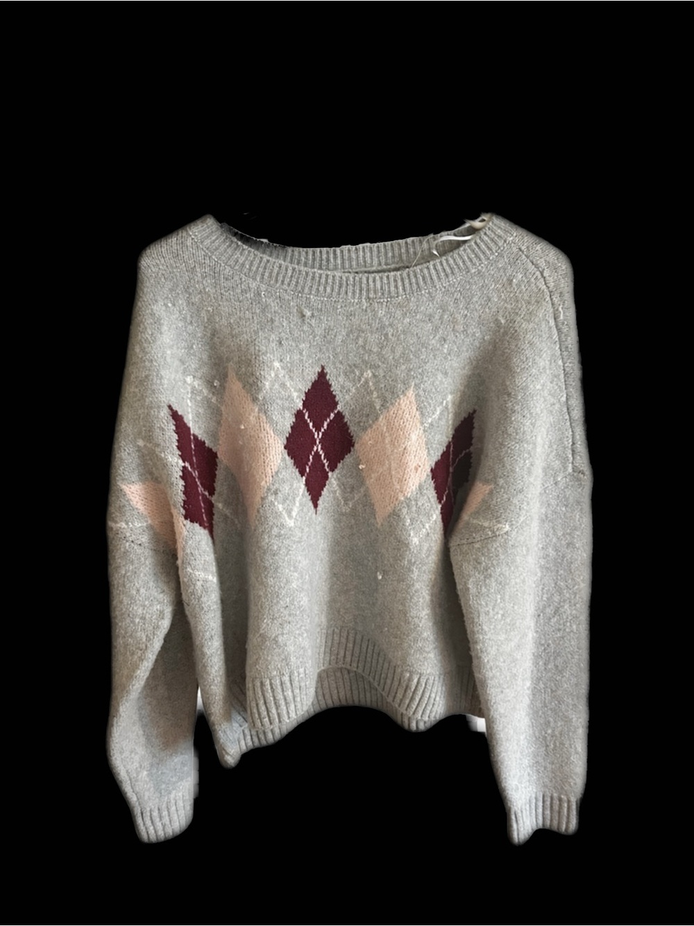 Marshalls Gray Crewneck Sweater with Pink and Burgundy Argyle